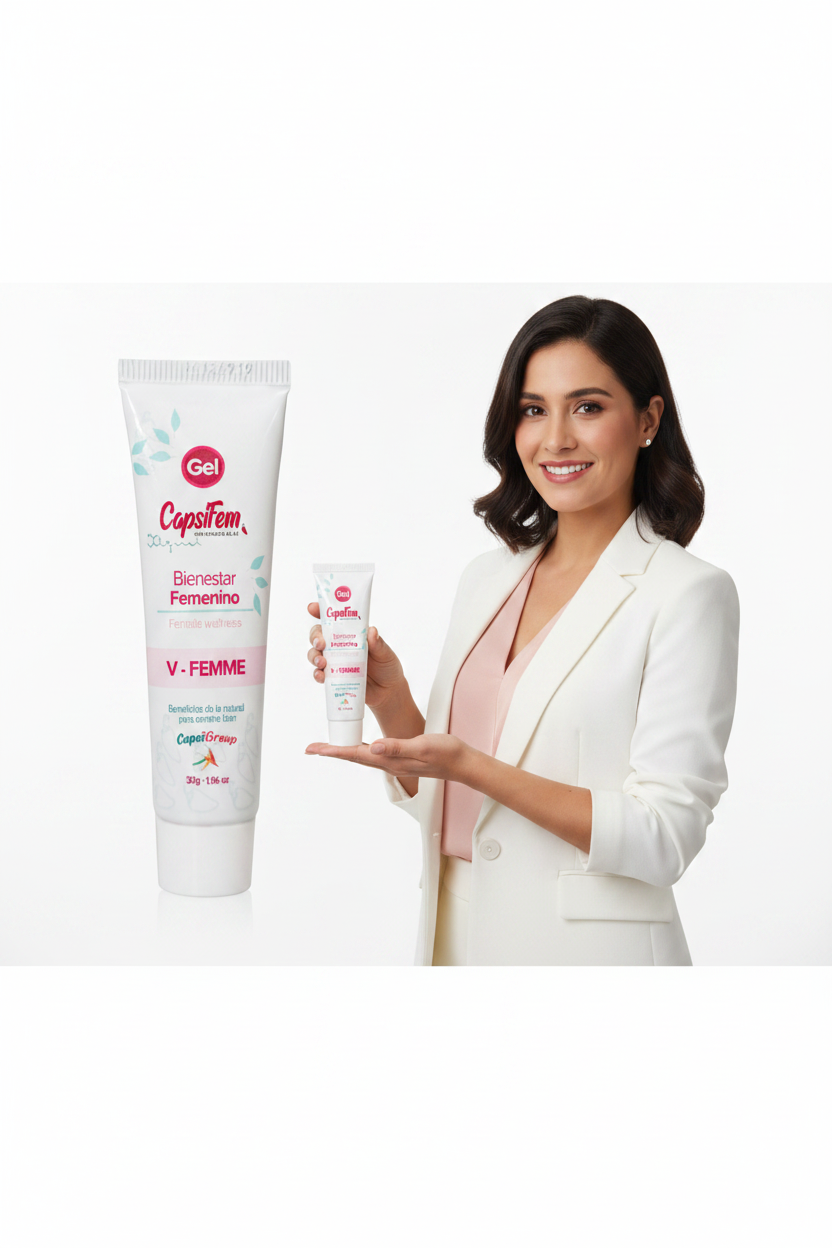 Capsifem® Capsaicin Gel for menstrual pain relief, natural organic formula, fast-absorbing gel applied to lower abdomen.