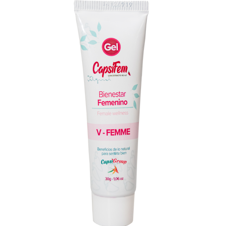 Capsifem® Capsaicin Gel for menstrual pain relief, natural organic formula, fast-absorbing gel applied to lower abdomen.