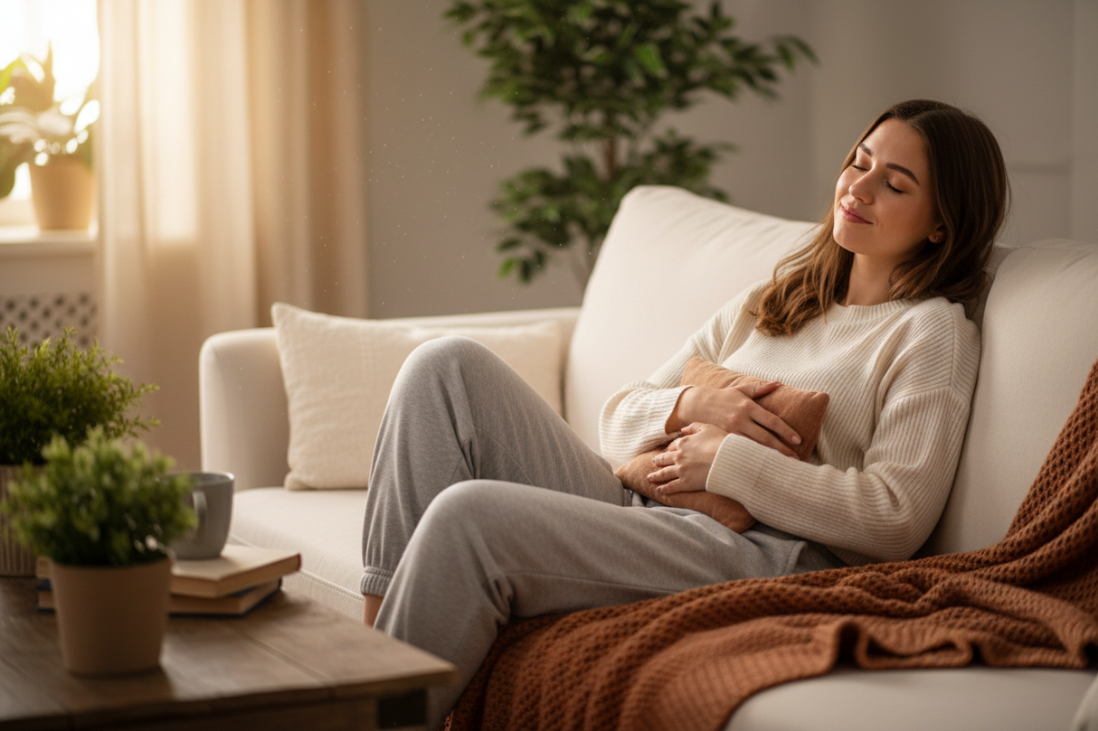 Young woman relaxing on sofa with relieved expression, using Capsifem® Capsaicin Gel for menstrual cycle comfort.